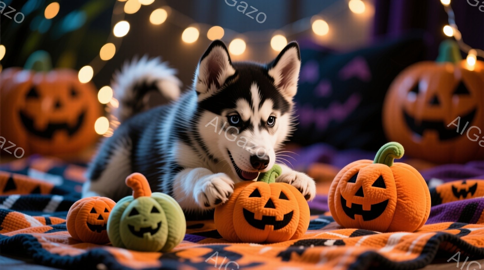 白と黒の毛並みを持つハスキーの子犬が、ハロウィーンのオレンジ色のカボチャのおもちゃを口にくわえています。紫とオレンジのチェック柄の布の上にカボチャのおもちゃが置かれ、背景にはぼんやりとハロウィーンの装 - AI生成フリー素材