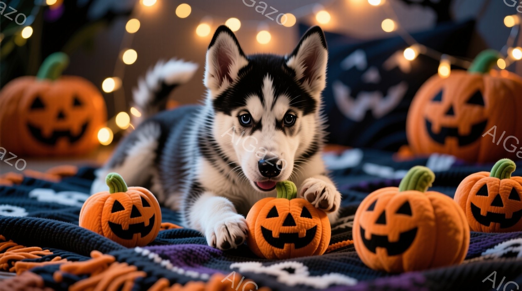 白と黒の毛並みを持つ子犬が、ハロウィーンの小さなカボチャの周りに横たわっています。子犬は青い目をしており、リラックスした表情で、カボチャの一つに前足を乗せています。背景には紫色の毛布と、オレンジ色の光 - AI生成フリー素材