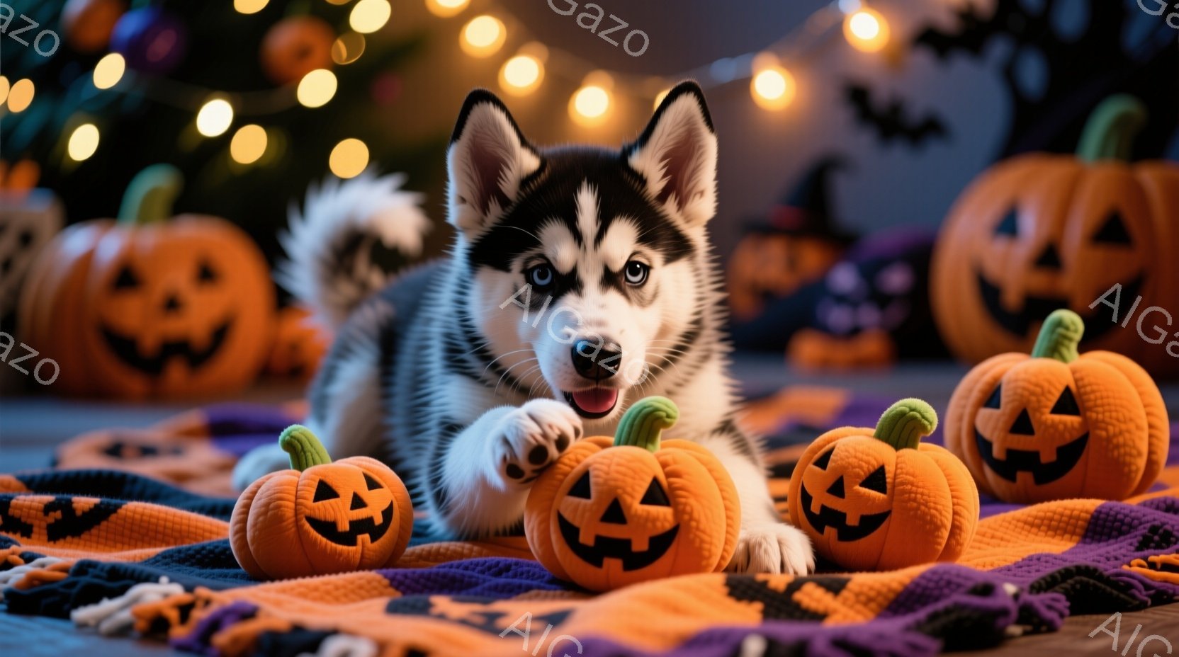 シベリアンハスキーの子犬が、ハロウィーンのオレンジ色のジャック・オ・ランタンに囲まれて、紫とオレンジ色の毛布の上に横たわっています。子犬は口を開けて少し舌を出し、楽しそうな表情をしています。背景には、 - AI生成フリー素材