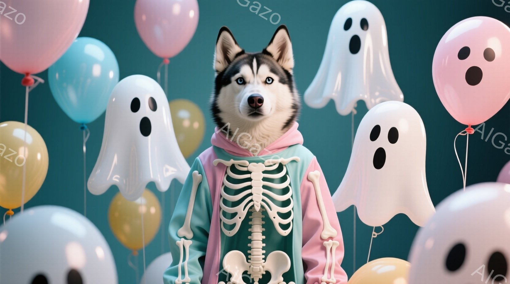 ハスキー犬がハロウィーン風の衣装を着ています。ピンクと紫のパーカーに白い骸骨のプリントが施されており、少し困ったような表情をしています。背景には、さまざまな色の幽霊の形をした風船が浮かび、お祝いムード - AI生成フリー素材