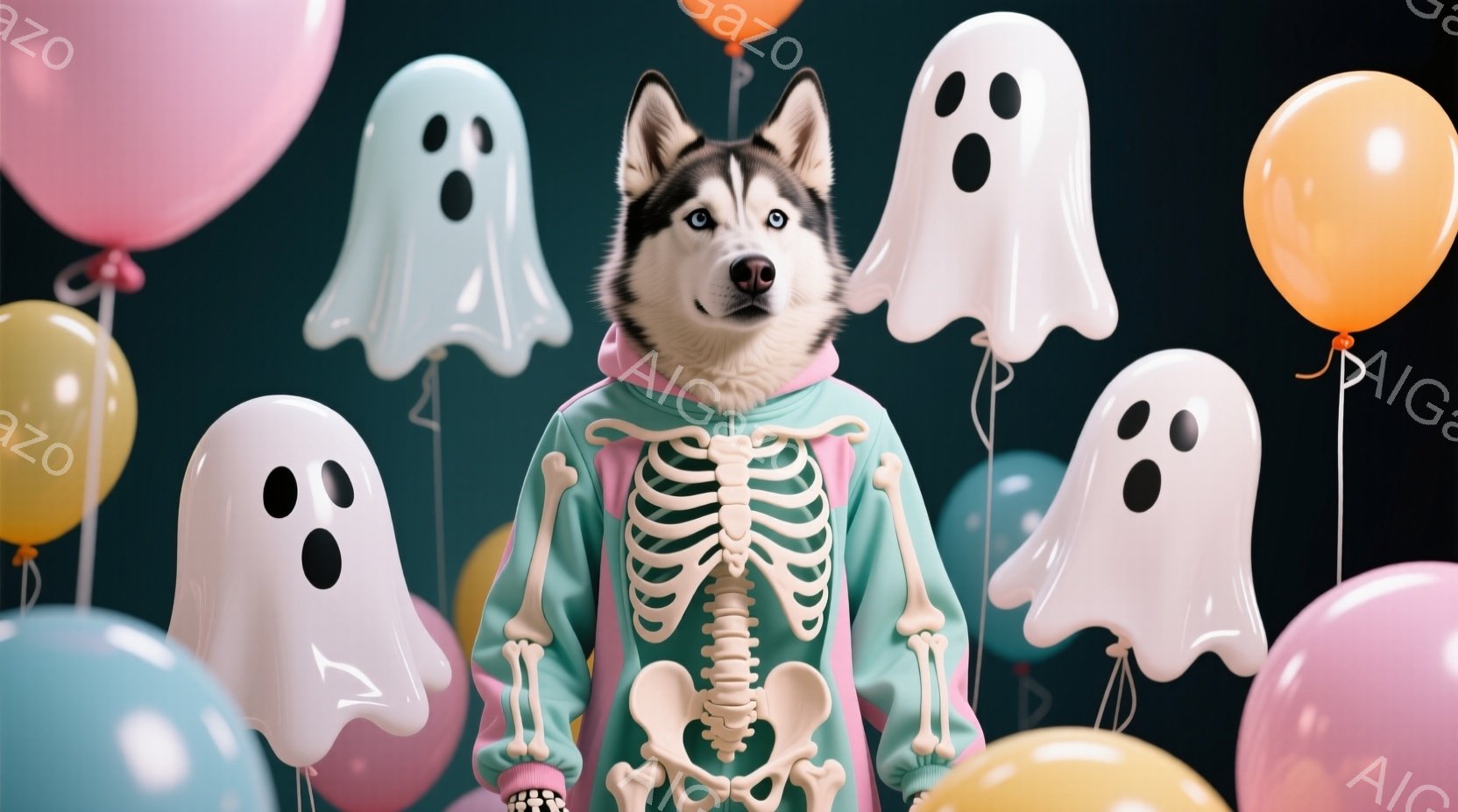 ハスキー犬がハロウィーンをテーマにした服装で、明るいターコイズ色のパーカーに白い骨格のプリントが施されています。犬はまっすぐに立っており、少し首を傾けてカメラを見ており、穏やかで好奇心旺盛な表情をしています。背景には、ピンク、水色、オレンジ色の風船や、白いお化けの形をしたバルーンが浮かび、お祝いムードを盛り上げています。