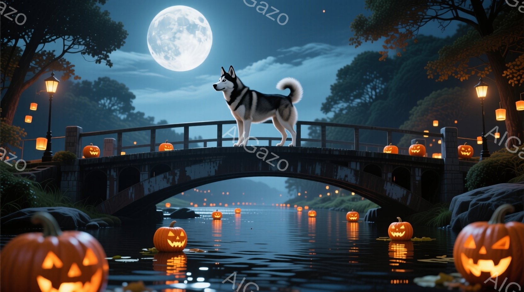 満月の夜、アーチ状の石橋の上には、黒と白の毛並みのシベリアンハスキーが凛々と立っている。橋の下の川には、無数のジャック・オー・ランタンが浮かび、周りの木々や岩と合わせて、幻想的で少し不気味な雰囲気を醸 - AI生成フリー素材