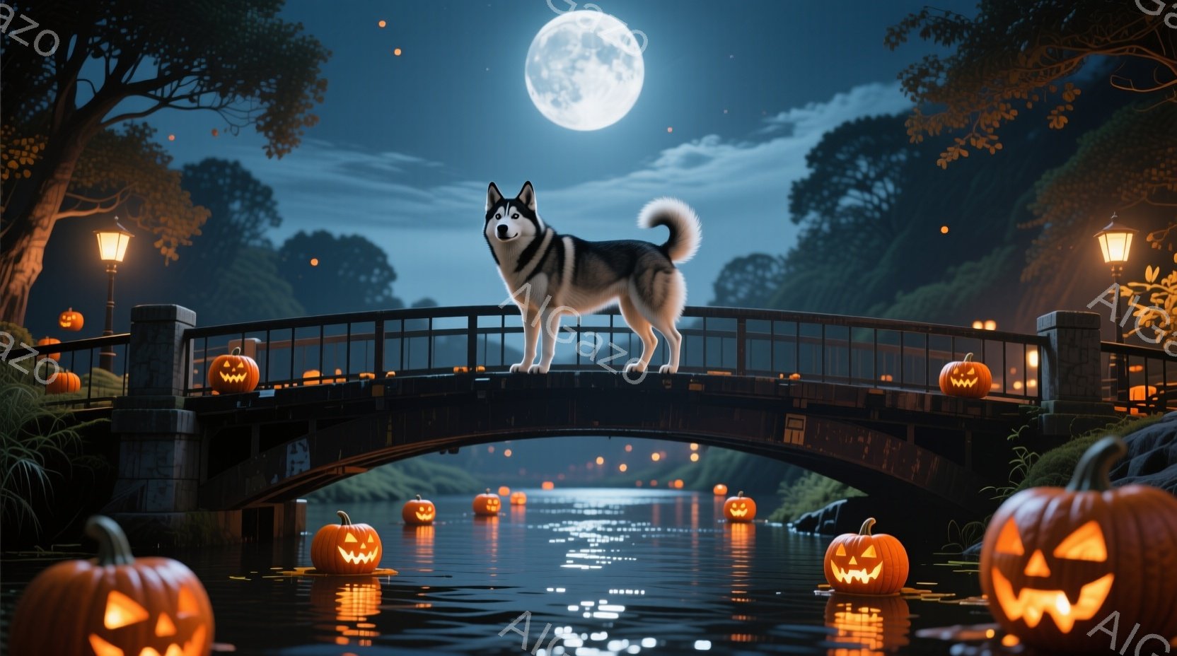 満月が輝く夜、橋の上にはハスキーが凛々と立っている。橋の下の川にはジャック・オー・ランタンが浮かび、ハロウィーンの雰囲気を盛り上げ、周囲の木々は暗闇の中にシルエットを描いている。水面に反射する光と、オ - AI生成フリー素材