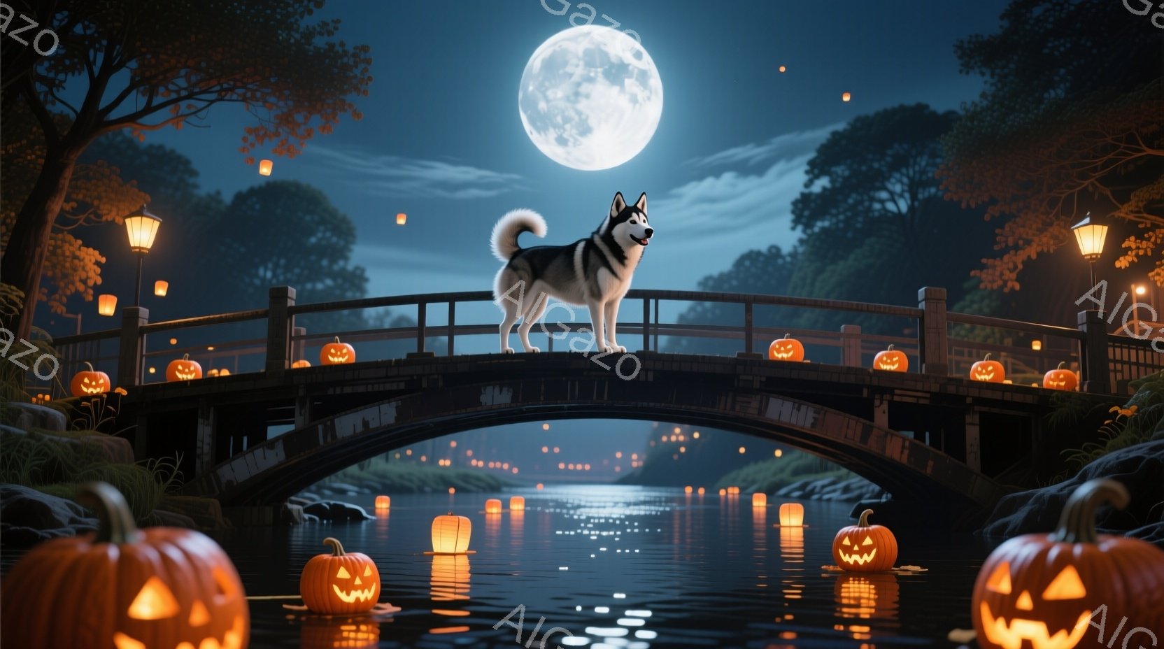 満月の夜、アーチ状の橋の上にシベリアンハスキーが凛々と立っている。橋の上や水面には、ハロウィーンの象徴であるジャック・オー・ランタンが灯り、幻想的な雰囲気を醸し出している。背景には暗い木々が立ち並び、 - AI生成フリー素材