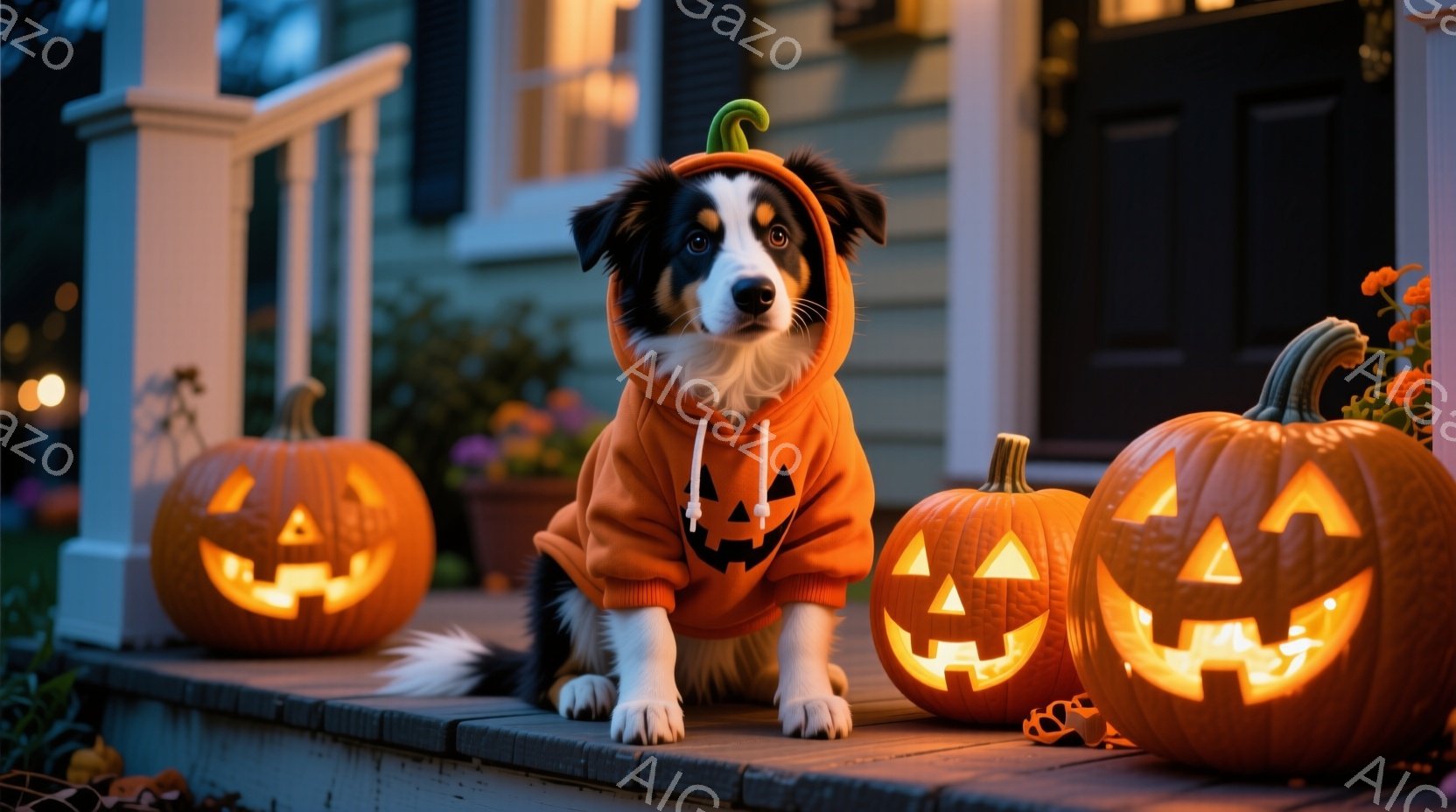 白と黒の毛並みの犬が、ハロウィーンをテーマにしたオレンジ色のパーカーを着て、ポーチの階段に座っています。犬の周りには、ジャック・オ・ランタンが3つ置かれ、それぞれが不気味な笑顔を浮かべています。背景には、ハロウィーンの装飾が施されたポーチと、夜の暗闇の中でぼんやりと見える家があり、全体的に温かくお祝いの雰囲気です。