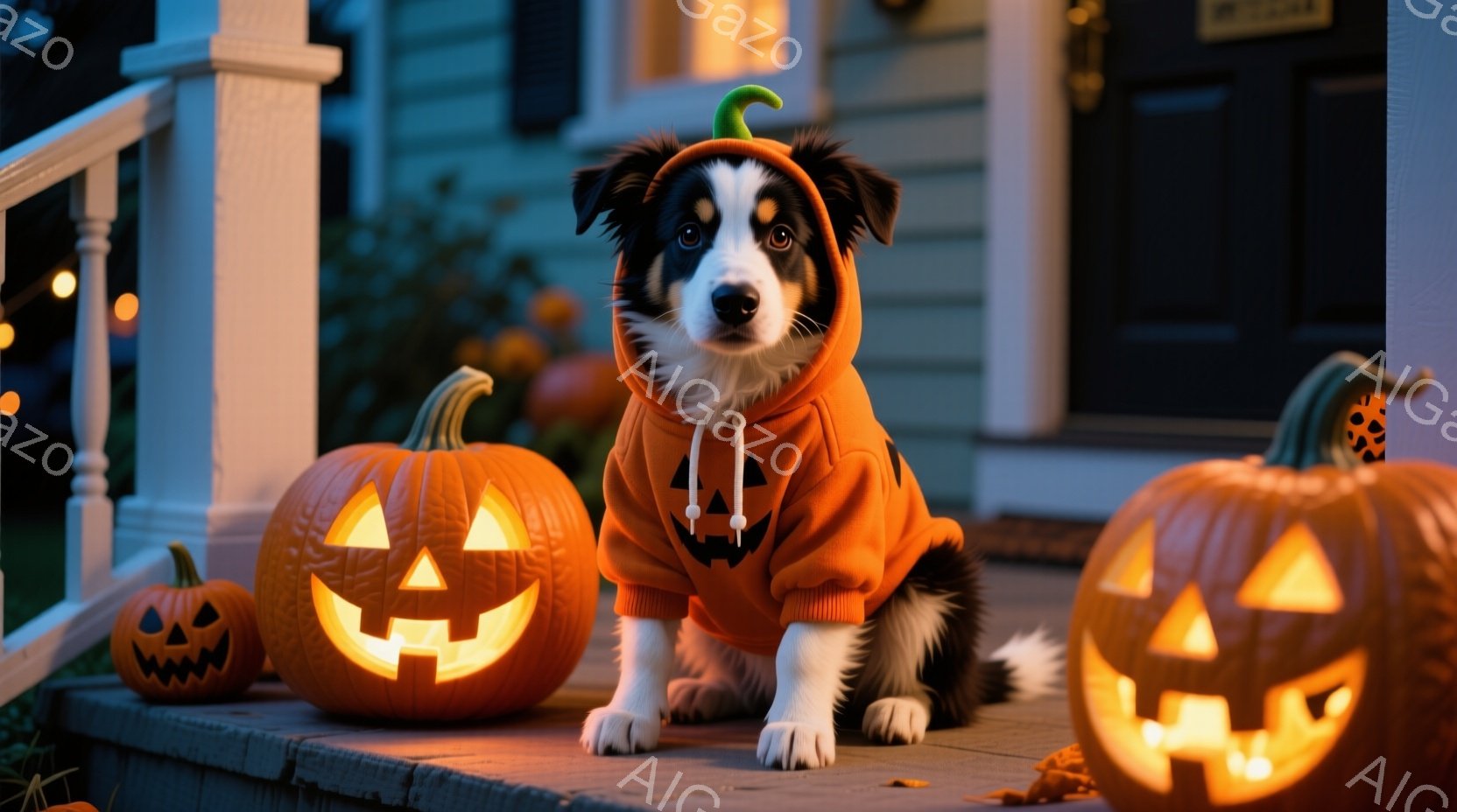 白黒のボーダーコリーがハロウィーンのカボチャの衣装を着て、玄関の階段に座っています。周囲には、点灯したジャック・オー・ランタンがいくつか置かれ、ハロウィーンらしい雰囲気を醸し出しています。背景には薄暗 - AI生成フリー素材