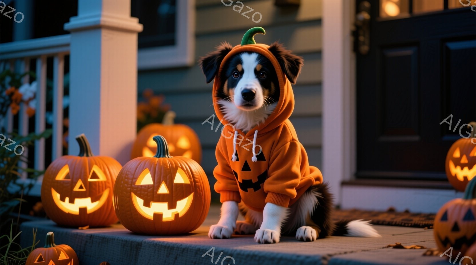 白黒のボーダーコリーが、ハロウィーンの衣装であるオレンジ色のパーカーを着て、彫刻されたジャック・オ・ランタンに囲まれて座っています。犬はリラックスした表情で、カメラを見つめており、背景には家の玄関とハ - AI生成フリー素材