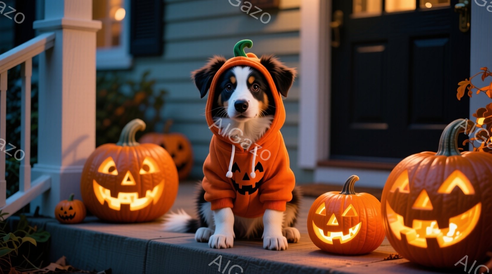 オレンジ色のハロウィン風の衣装を着た犬が、彫刻が施されたジャック・オー・ランタンに囲まれて階段に座っています。犬は前足を揃えて座り、少し真剣な表情をしています。背景には暗い建物と秋らしい植物が見え、暖 - AI生成フリー素材