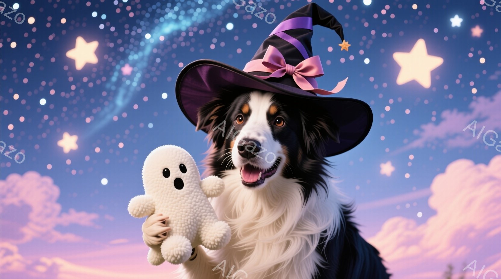 黒と白のボーダーコリーが、紫色のリボンが付いた黒い魔女帽子をかぶって笑顔でこちらを見ています。犬は白い毛糸で作られた小さな幽霊のおもちゃを前足で抱きかかえています。背景はパステルカラーの雲と星空で、全 - AI生成フリー素材
