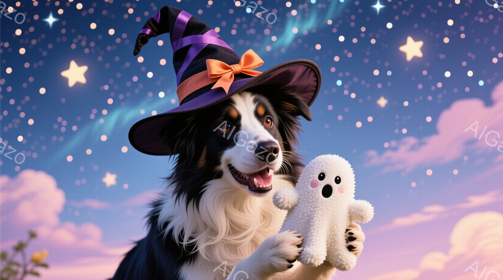 黒と白のボーダー模様の犬が、ハロウィーンの紫色の帽子を被り、笑顔でカメラを見ています。片方の前足で白い幽霊のぬいぐるみをつかんでおり、背景にはパステルカラーの雲と星が散りばめられた夜空が広がっています - AI生成フリー素材