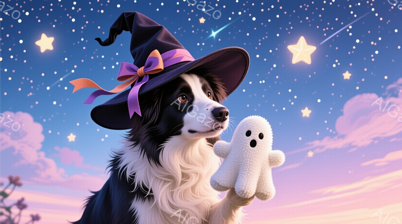 黒と白のボーダーコリーが、紫色のリボンが付いた黒い魔女帽子を被っています。その犬は左側を見て、右手に白い小さな幽霊のおもちゃを抱えています。背景は、パステルカラーのピンクと紫の空で、星や流れ星が散りばめられており、幻想的で温かい雰囲気を醸し出しています。