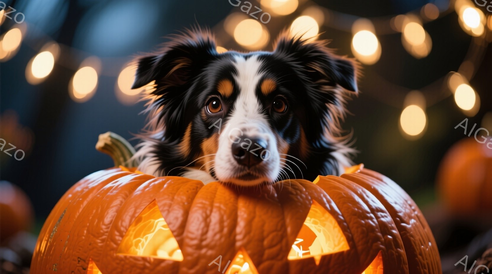 鮮やかなオレンジ色のジャック・オー・ランタンの中に、毛並みの美しい犬が顔を出しています。犬は茶色と黒の模様があり、穏やかで好奇心に満ちた表情でカメラを見つめています。背景にはぼんやりとした光が散りばめ - AI生成フリー素材