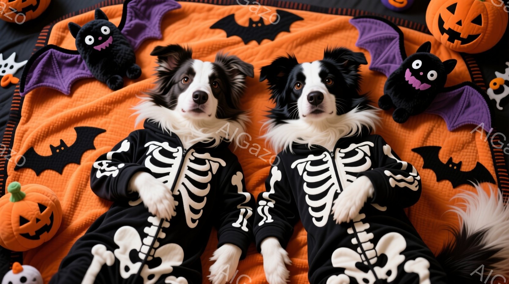 オレンジ色の背景に、骸骨模様の衣装を着た二匹のボーダーコリーが横たわっています。犬たちはリラックスした表情で、ハロウィーンの装飾であるカボチャやコウモリのおもちゃに囲まれています。全体的に、ハロウィー - AI生成フリー素材