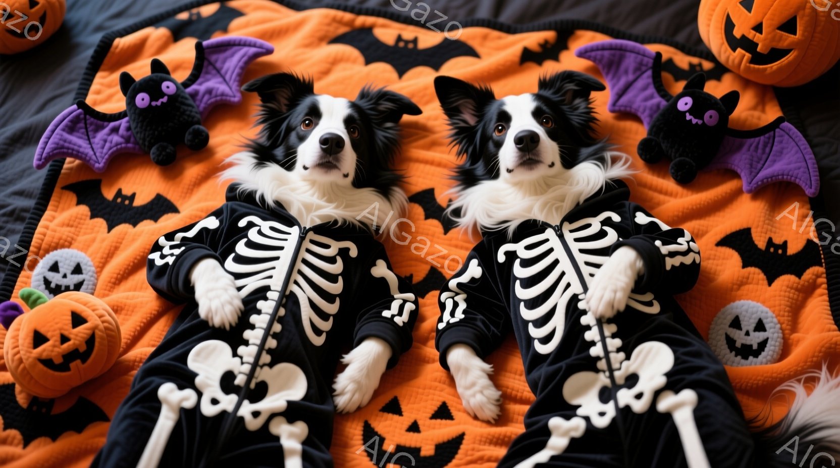 黒と白のボーダーコリーが2匹、オレンジ色の背景に広がるハロウィーンの装飾の中に横たわっています。2匹とも骸骨模様の黒いジャンプスーツを着ており、リラックスした表情でカメラを見つめています。背景にはカボチャのぬいぐるみやコウモリの飾りがあり、全体的に暖かく楽しいハロウィーンの雰囲気を醸し出しています。