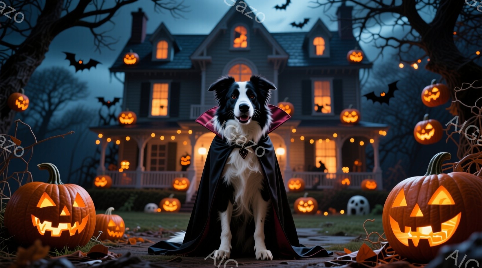 黒と白のボーダーコリーが、ハロウィーンをテーマにした装いをして、煉瓦造りの道に座っています。犬は黒いマントを羽織っており、まるで吸血鬼のような印象を与えます。背景には、たくさんのジャック・オー・ランタ - AI生成フリー素材