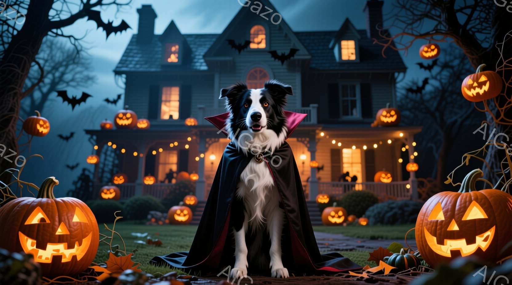 黒と白のボーダーコリーが、ハロウィーンらしい黒いマントを羽織って座っています。背景には、オレンジ色のジャック・オー・ランタンや、ハロウィーンの装飾が施された屋敷があり、不気味でありながらも楽しい雰囲気 - AI生成フリー素材
