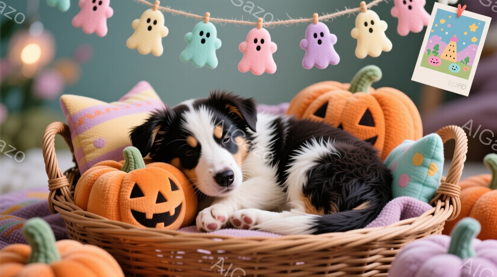 可愛らしい子犬が、ハロウィーンをテーマにしたバスケットの中に丸まって眠っています。背景には、オレンジ、紫、緑色のカボチャが並び、可愛らしいお化けのガーランドが飾られています。全体的に温かく、遊び心のあ - AI生成フリー素材