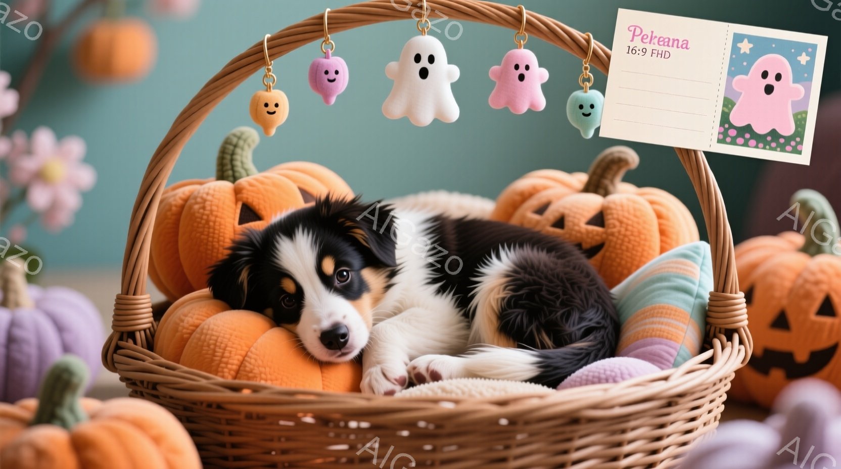 かごの中に子犬が横たわっています。オレンジ色のカボチャと紫色のカボチャに囲まれ、ハロウィーンの飾り付けられたかごの中でリラックスした様子です。背景には、さまざまな色のカボチャが並び、ハロウィーンの楽し - AI生成フリー素材