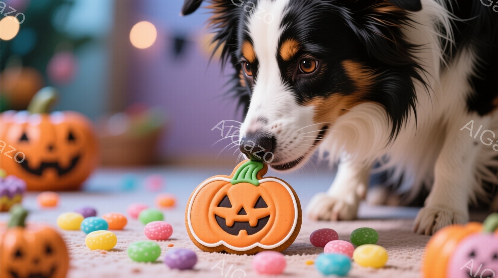 鮮やかなオレンジ色のハロウィンパンプキンクッキーを口にくわえたボーダーコリーが写っています。クッキーの周りには色とりどりのキャンディーが散らばり、背景にはハロウィンの飾り付けられたカボチャがぼんやりと - AI生成フリー素材