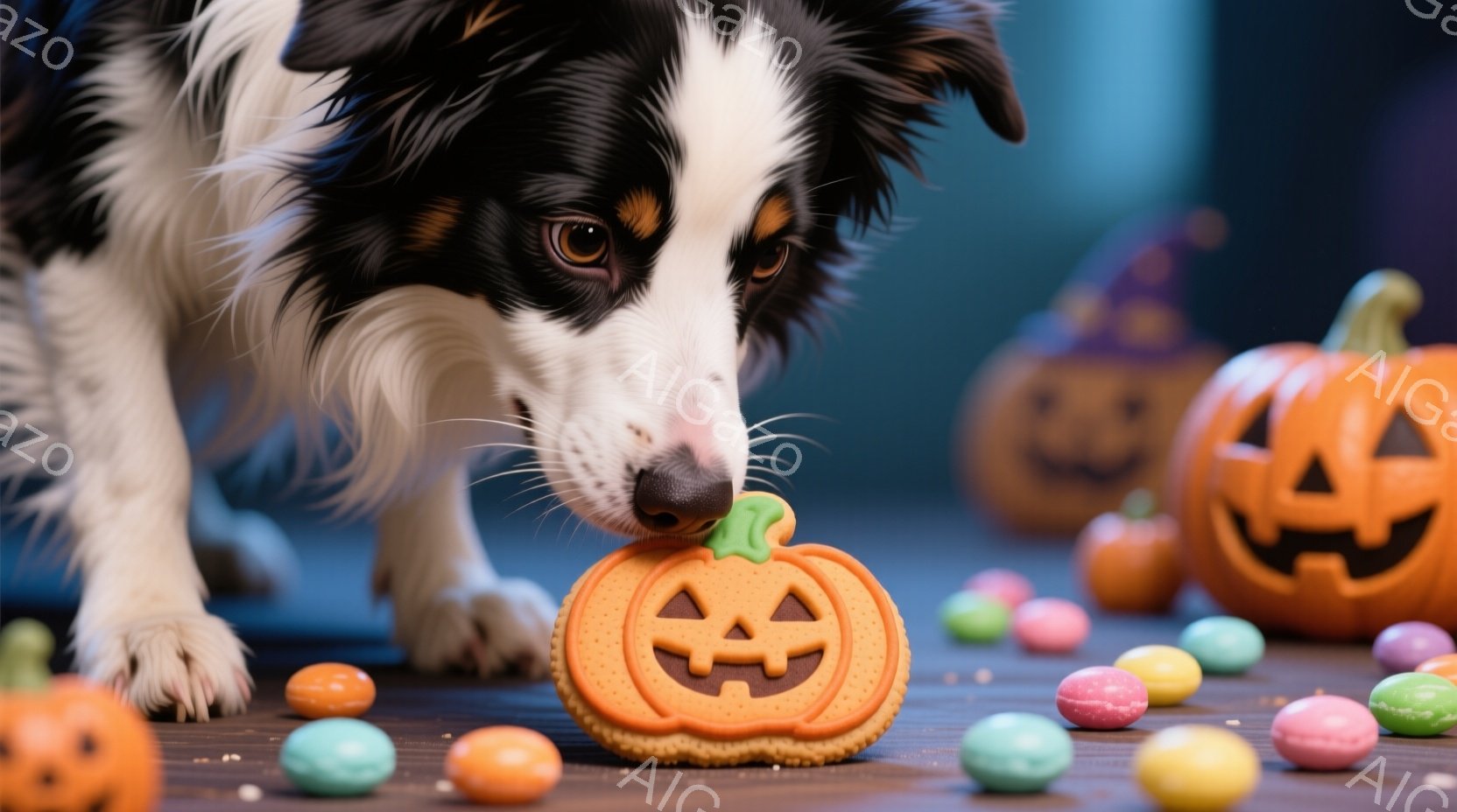 ゴールデンレトリバーのような犬が、ハロウィーンのパンプキンクッキーに鼻を近づけています。背景には、さまざまなカラフルなキャンディや、ハロウィーンのランタンが置かれ、青い背景が秋の雰囲気を引き立てています。全体的に明るく、遊び心のある、お祭りの雰囲気を感じさせる画像です。