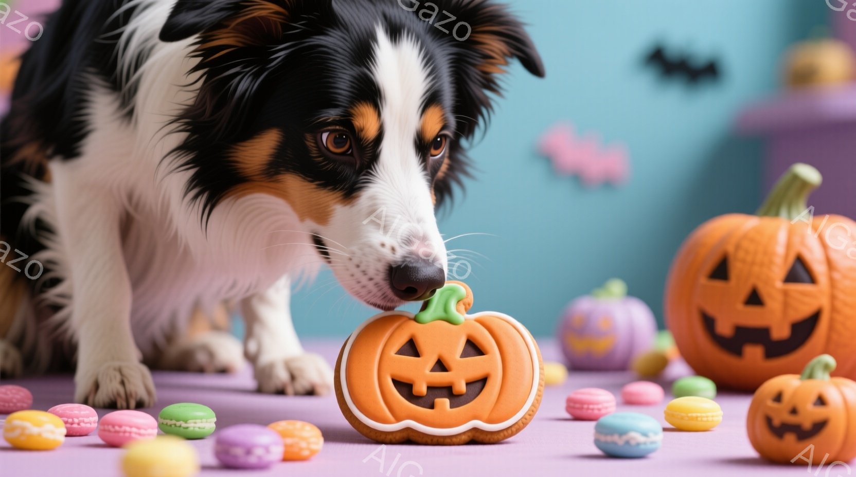 茶色と黒の毛並みが美しいコリー犬が、ハロウィーンのパンプキン型クッキーに鼻を近づけています。背景には、紫色のテーブルにマカロンや様々な大きさのハロウィーンパンプキンが散りばめられており、お祝いの雰囲気です。全体的に明るく、可愛らしいハロウィーンのシーンが演出されています。