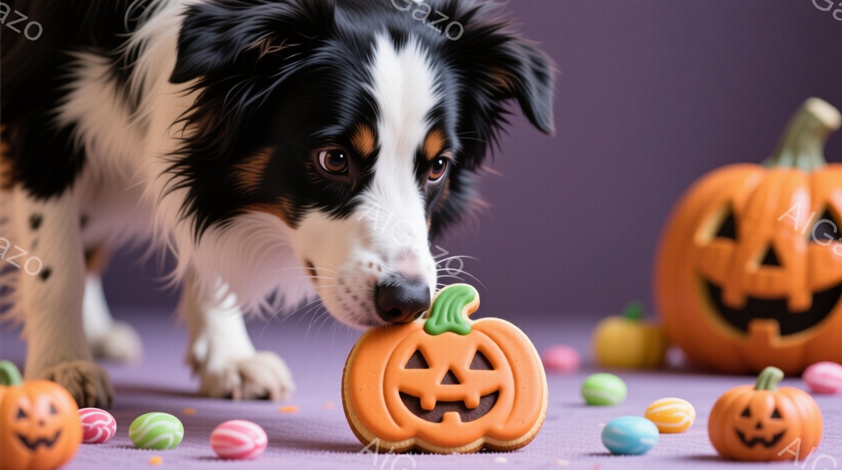 美しいトライカラーのボーダーコリーが、ハロウィーンのクッキーを鼻で軽く押している様子が写っています。背景には、様々な大きさのジャック・オ・ランタンのクッキーとカラフルなキャンディーが散りばめられ、紫色 - AI生成フリー素材