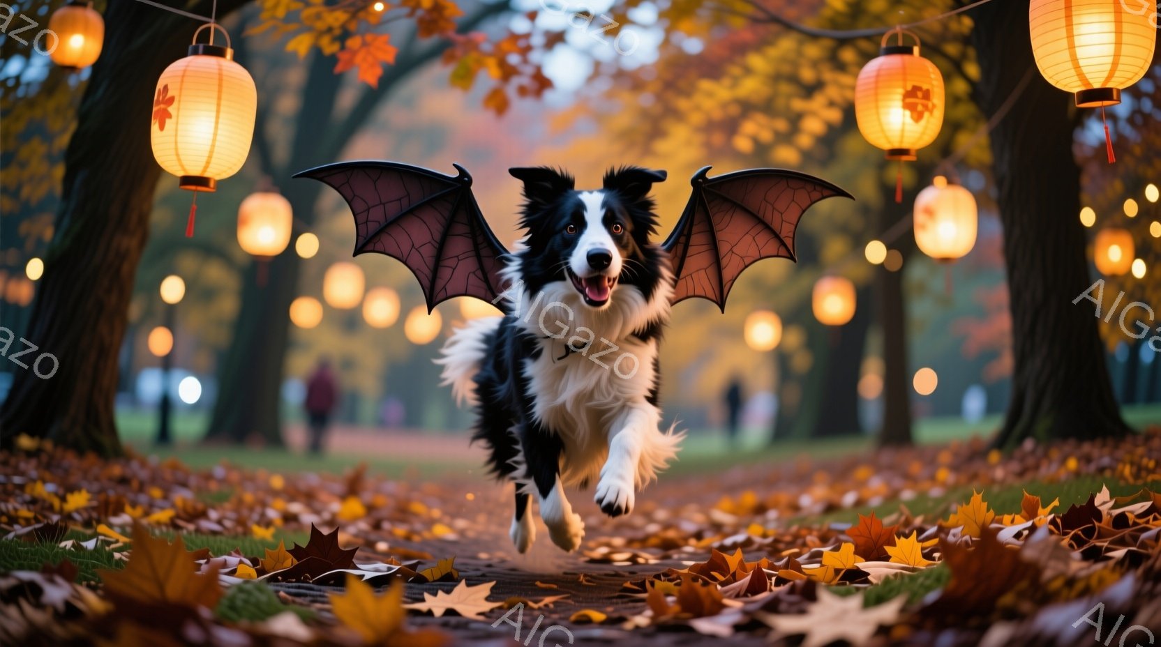 黒と白のボーダーコリーが、まるで空を飛んでいるかのように、秋の落ち葉が散らばる道の上を力強く駆け抜けている。その背中には大きなコウモリの翼が取り付けられており、陽気で楽しげな表情を浮かべている。背景には、夕暮れ時の穏やかな光の中で、オレンジ色の灯籠が並び、秋の暖かく幻想的な雰囲気を醸し出している。