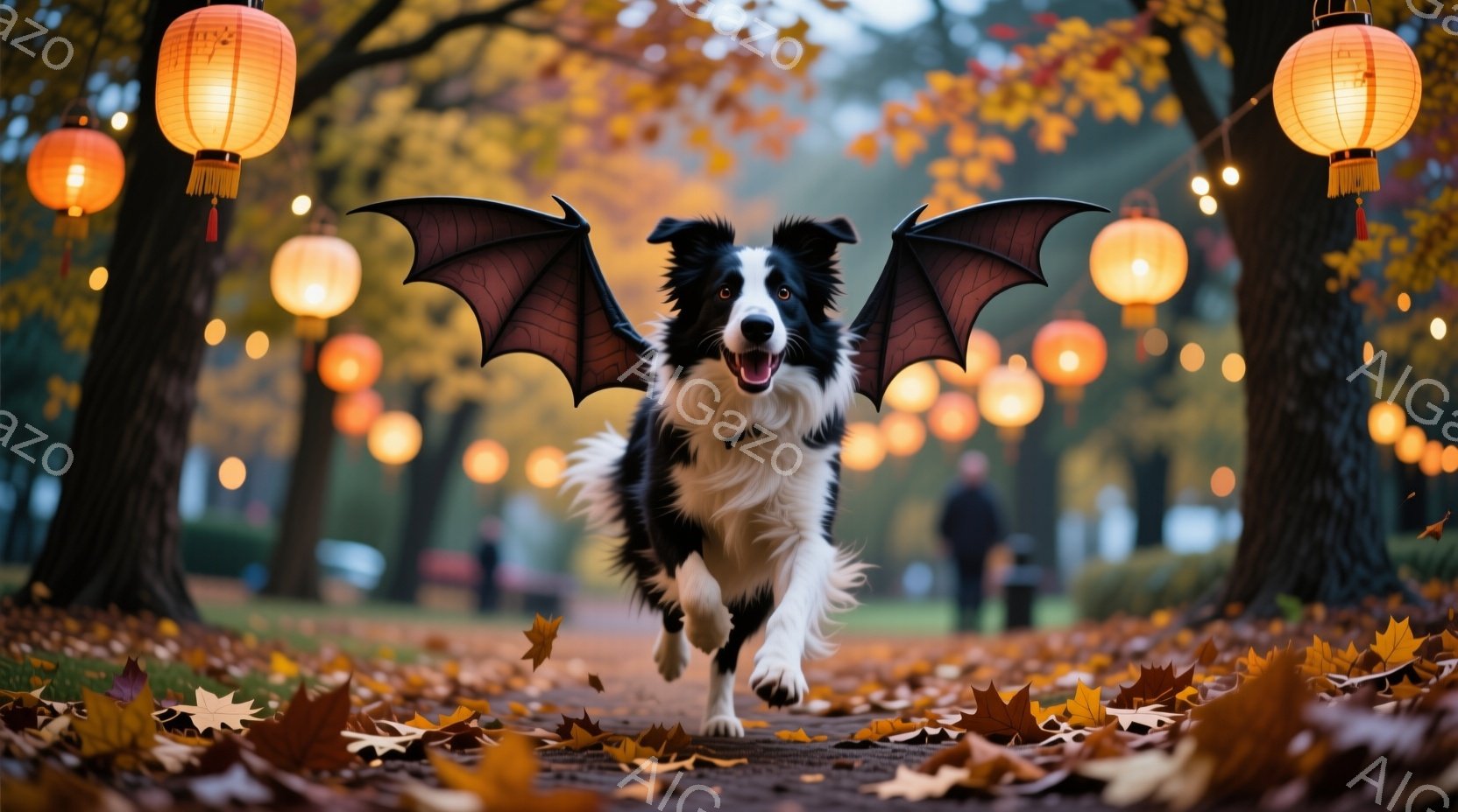 黒と白のボーダーコリーが、ハロウィーンの蝙蝠の羽をつけて公園の中を走り回っている。背景には、オレンジ色の提灯が並び、落ち葉が敷き詰められた遊歩道が秋の暖かく幻想的な雰囲気を醸し出している。犬は口を開け - AI生成フリー素材