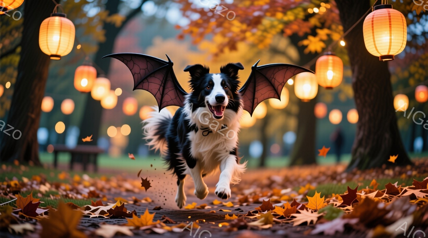 黒と白のボーダーコリーが、まるでハロウィーンの衣装のように羽をつけて、公園の小道を走っている。背景には、オレンジ色の光を放つ提灯が並び、落ち葉が舞い散る秋の景色が広がっている。全体的に明るく陽気で、遊 - AI生成フリー素材