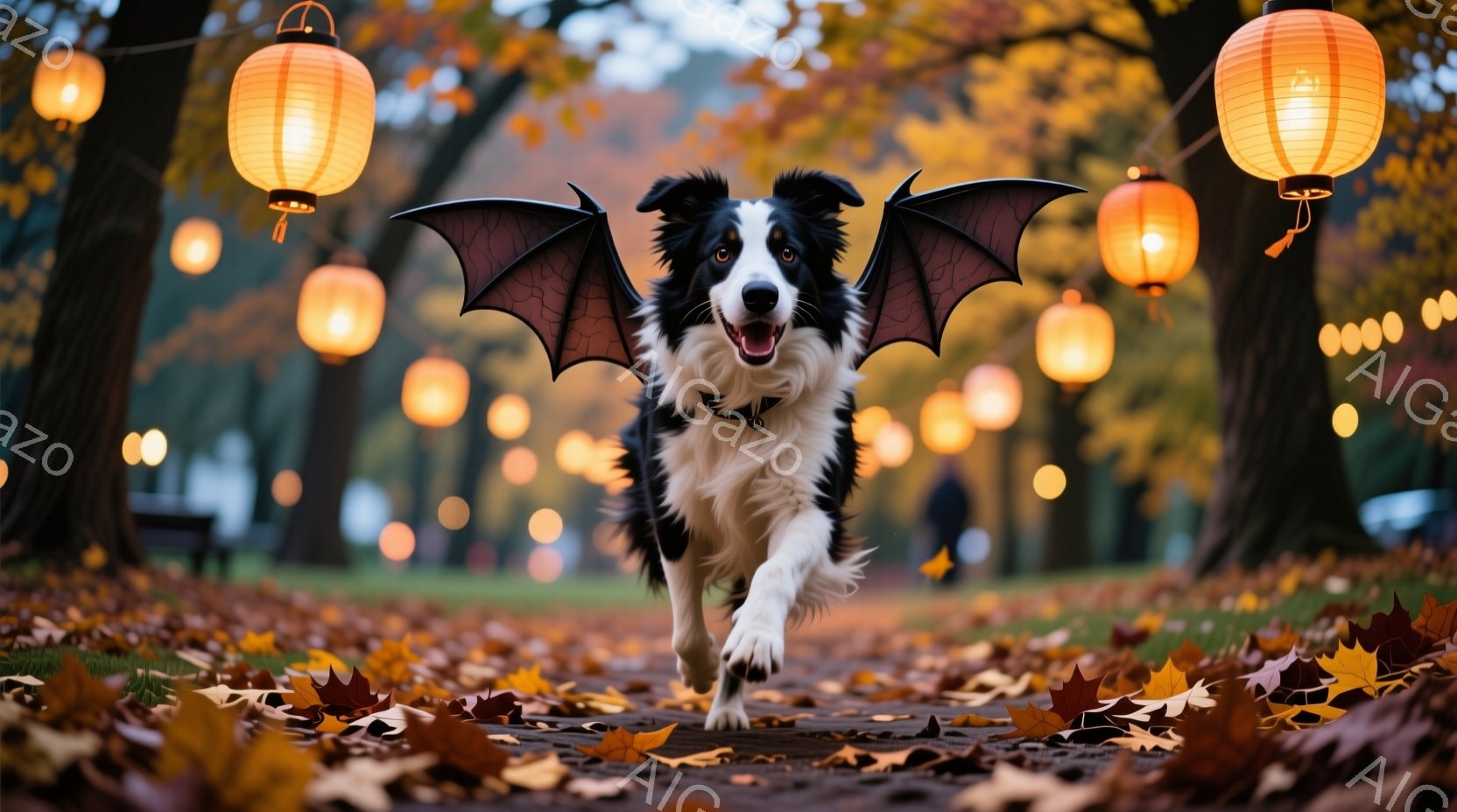 黒と白のボーダーコリーが、まるで翼が生えたように走り去る姿が捉えられています。背景には、オレンジ色のランタンが並び、地面は紅葉で覆われ、秋の公園の温かく幻想的な雰囲気を醸し出しています。犬は楽しそうで - AI生成フリー素材