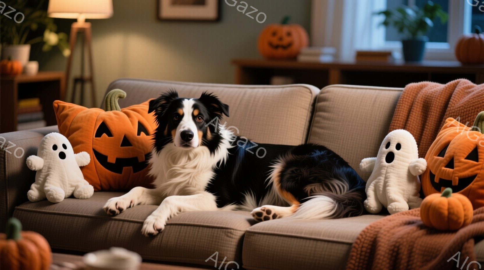 茶色いソファに、トリコロールカラーのボーダーコリーが横たわっています。ハロウィーンの飾りであるジャック・オー・ランタンのクッションや可愛いお化けのぬいぐるみ、小さなカボチャがソファの周りに置かれ、暖か - AI生成フリー素材