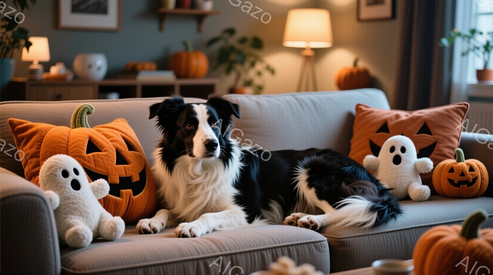 黒と白のボーダーコリーが、ハロウィーンをテーマにしたクッションに囲まれたグレーのソファでリラックスして横たわっています。背景には、カボチャの置物や間接照明があり、暖かく居心地の良い雰囲気を醸し出してい - AI生成フリー素材