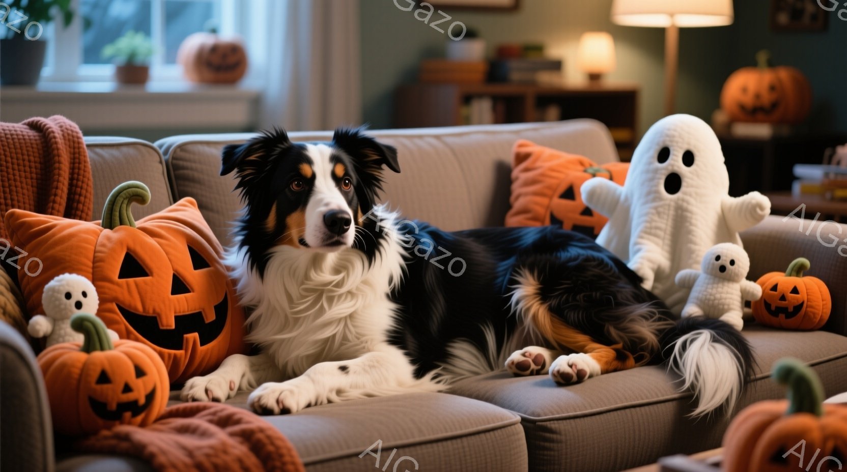 ソファに横たわるトライカラーのボーダーコリーが写っています。周りにはハロウィーンの飾りであるカボチャと幽霊のぬいぐるみが置かれ、秋の温かく、お祝いムードが漂っています。背景には薄暗い部屋と窓から差し込 - AI生成フリー素材