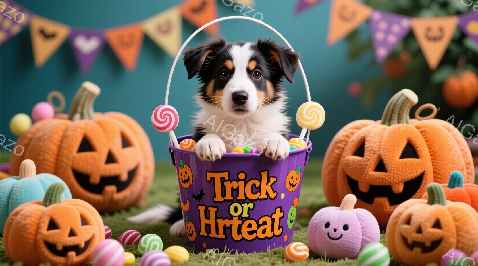 小さな柴犬が紫色の「Trick or Treat」と書かれたバケツの中からこちらを見ています。バケツの中にはキャンディや小さなカラフルなおもちゃが詰まっており、周りには様々な大きさのジャック・オー・ラ - AI生成フリー素材