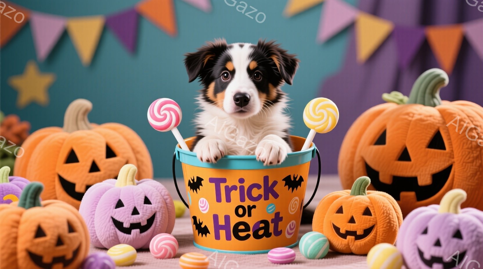 鮮やかなターコイズブルーのバケツの中に、愛らしい子犬がちょこんと座っています。バケツには「Trick or Treat」と書かれており、周囲にはオレンジとピンクのハロウィーンのランタン、カラフルなキャ - AI生成フリー素材