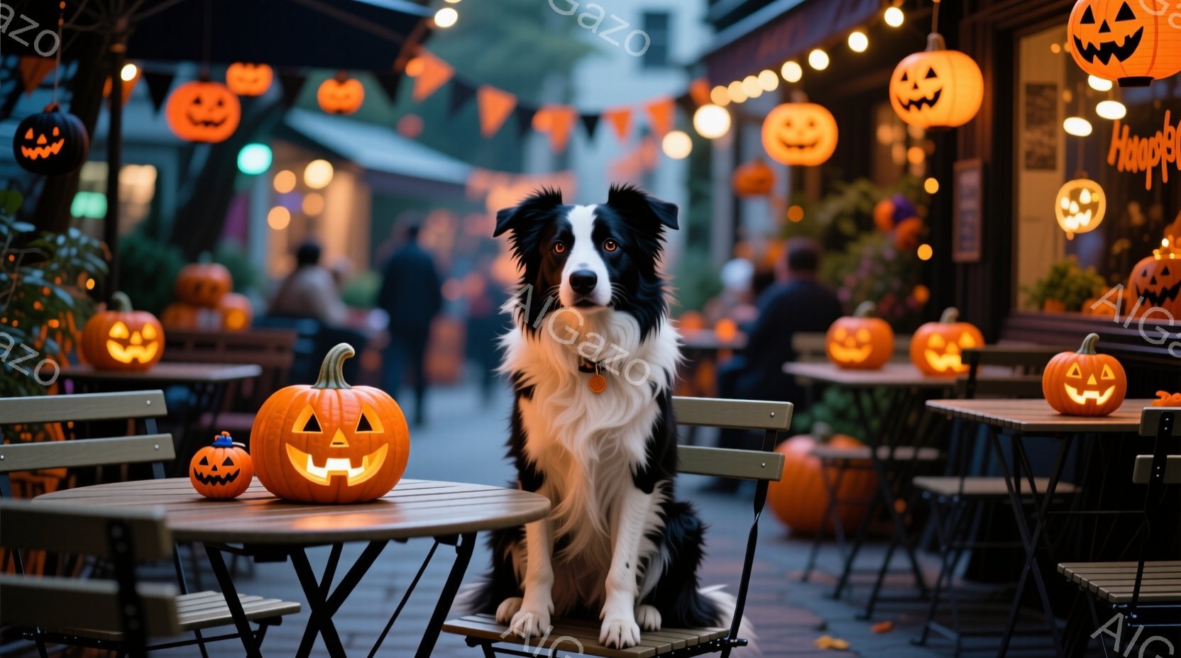 夜間のホロウィン・ストリートを舞台にする。主要なキャラクターは一頭のコーギー犬で、彼は白とブラックのツートーンの飼い主が座っているカフェテーブルの前に座り、その目は画像の中心にある。背景は色鮮やかなホロウィン・ストリートで、様々なパンプキンが壁や店舗の周りに点在している。人物は画像の端に位置し、一人は途中で、彼らの表情は照明の前でよく見える。氛はハロウィンのスピリットで、幽玄な気持ちを蘇らせることができます。