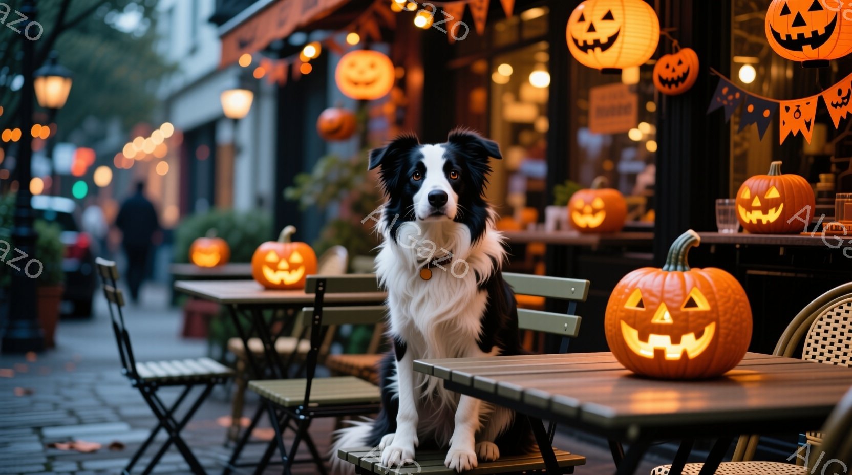 黒と白のボーダーコリーが、ハロウィンの飾り付けがされたカフェのテラス席に座っています。周りにはジャック・オー・ランタンが置かれ、背景にはぼんやりと人影が見え、暖かい光が灯っています。全体的に秋らしい、ほっこりとした雰囲気が漂っています。