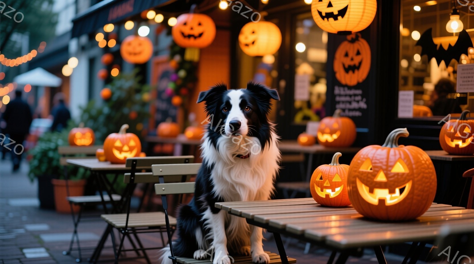 白と黒のボーダーコリーが、ハロウィーンの飾り付けがされたカフェのテーブルに座っています。背景には、様々な大きさのジャック・オ・ランタンが置かれ、暖かい光を放ち、店構えもハロウィーンらしく装飾されていま - AI生成フリー素材