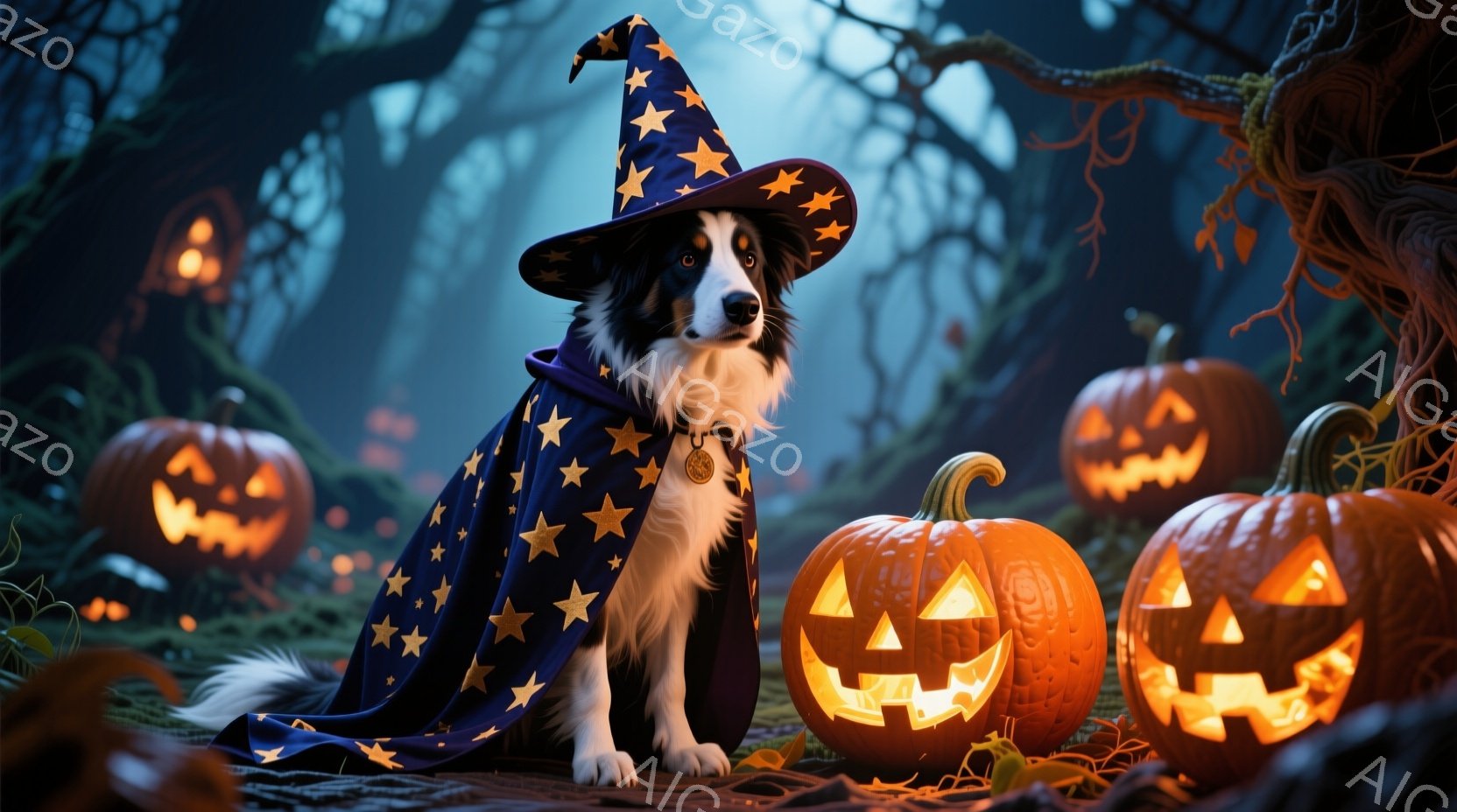 鮮やかな星柄のローブと魔法使いの帽子を身につけたボーダーコリーが、ハロウィーンの夜に照らされたカボチャの間に座っています。犬は前足を揃えて座り、穏やかな表情でカメラを見つめており、首輪には小さなタグが - AI生成フリー素材