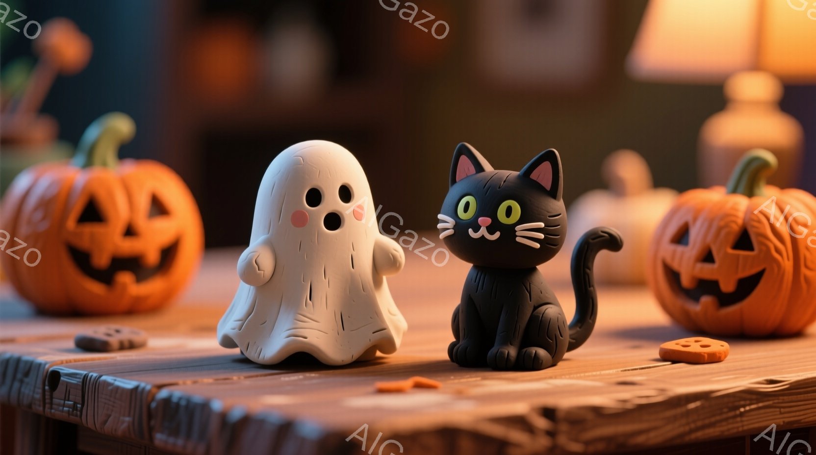 暖色の木製テーブルの上に、ハロウィーンの飾り付けが並んでいます。愛らしい幽霊と黒猫のフィギュアが中央に置かれ、両脇にはジャック・オ・ランタンが置かれ、テーブルの上にはクッキーも散らばっています。全体的に、温かく、お祝いムードの漂うハロウィーンの雰囲気です。