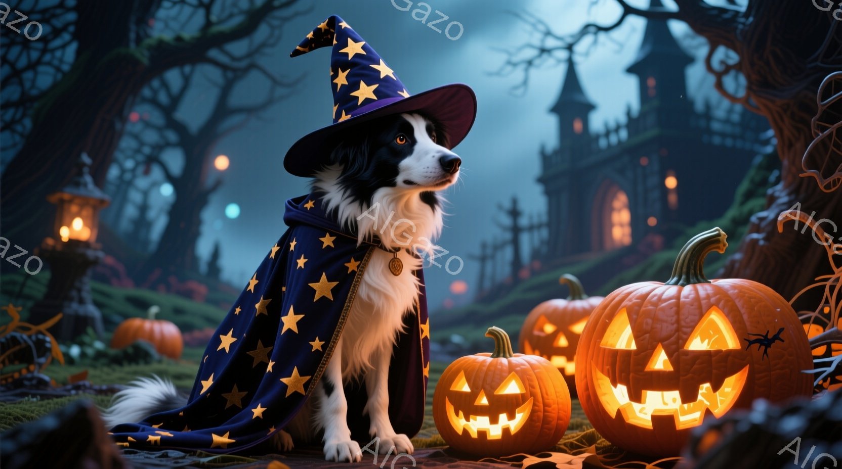 黒と白のボーダーコリーが、星柄のローブと先のとがった帽子を身につけ、まるで魔法使いのように座っている。周囲にはジャック・オー・ランタンが置かれ、背景には薄暗いお城とねじれた木々が見え、ハロウィーンの夜 - AI生成フリー素材