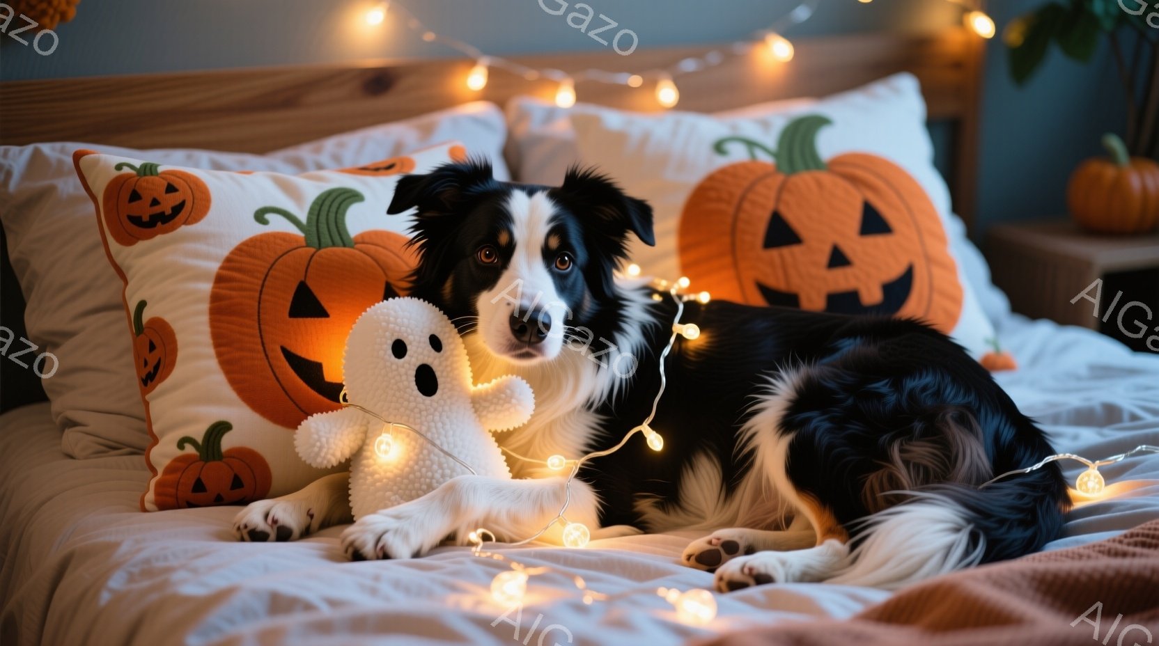 この「リスキー」という名前を持つ、逆立ちの雑種のペットが描かれています。そのペットは、ハロウィンのテーマを持つベッドに落ち着いており、その上に「スケルティー」という名前を持つゾンビのパンツ型フリーズが置かれています。ペットは対角線になるようにベッドに乗っており、その様子が可愛く、落ち着いた雰囲気を持っています。画像全体としては、リラックスされたハロウィンのテーマの中で楽しむことが感じられる、暖かく休んでいるペットを表しています。