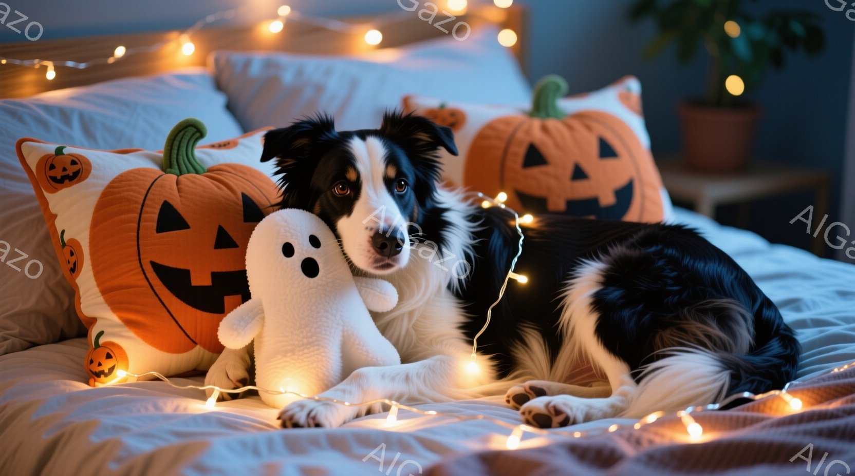白黒のボーダーコリーがベッドに横たわり、ハロウィーンをテーマにしたオレンジ色のカボチャ柄の枕と白いゴーストのぬいぐるみに囲まれています。犬はリラックスした表情でカメラを見つめており、ベッドは暖かい光の - AI生成フリー素材