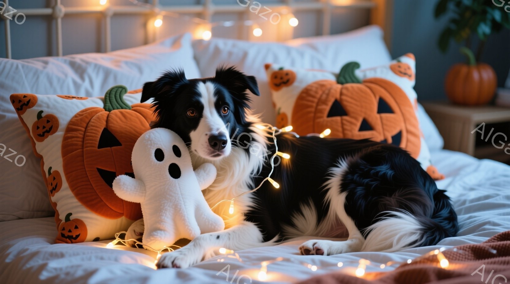 黒と白のボーダーコリーが、ハロウィーンをテーマにしたオレンジ色のカボチャ柄のクッションと白いお化けのぬいぐるみと一緒にベッドに横たわっています。ベッドの上には、暖かい光を放つオレンジ色のライトが飾られ - AI生成フリー素材