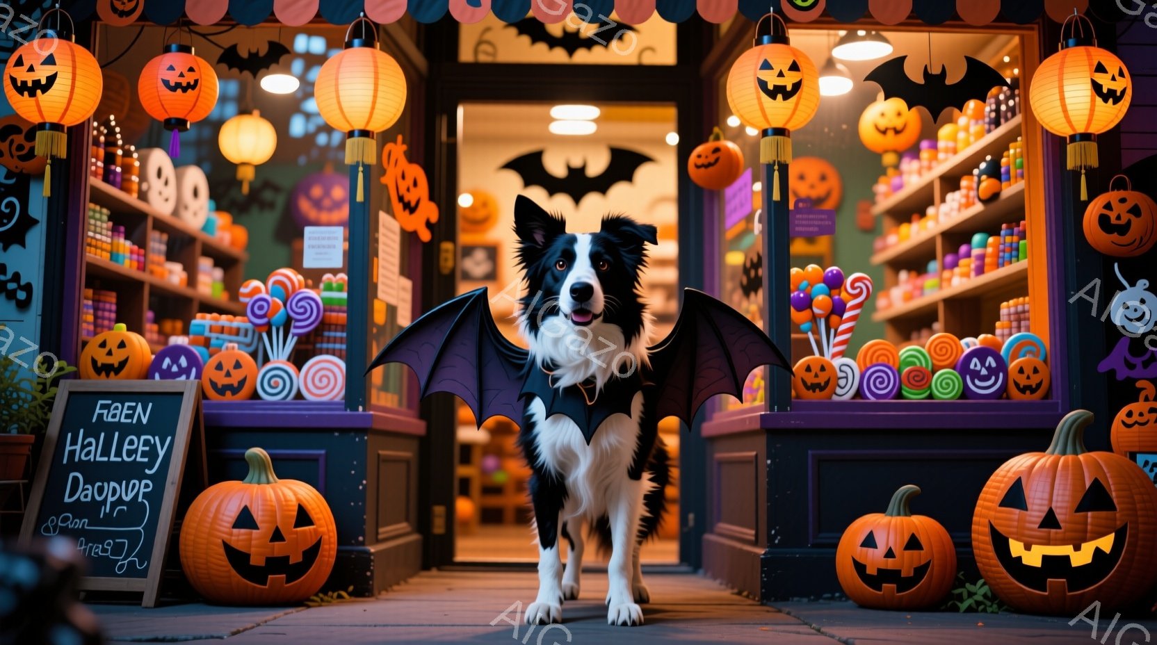 ハロウィーンの装飾が施された店の前に、翼をつけた犬が立っている。犬は黒と白の毛並みで、自信に満ちた表情をしている。背景には、カボチャのランタンやキャンディー、そして紫と黒の装飾が施された店があり、お祭りの雰囲気を醸し出している。