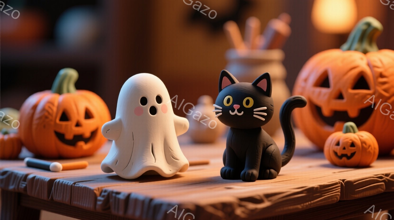 暖色系の木製のテーブルの上に、ハロウィーンの飾り付けが並んでいます。可愛らしい幽霊と黒猫のフィギュアが中央に配置され、周囲にはジャック・オー・ランタンが散りばめられています。全体的に温かく、遊び心のあるハロウィーンの雰囲気を醸し出しています。