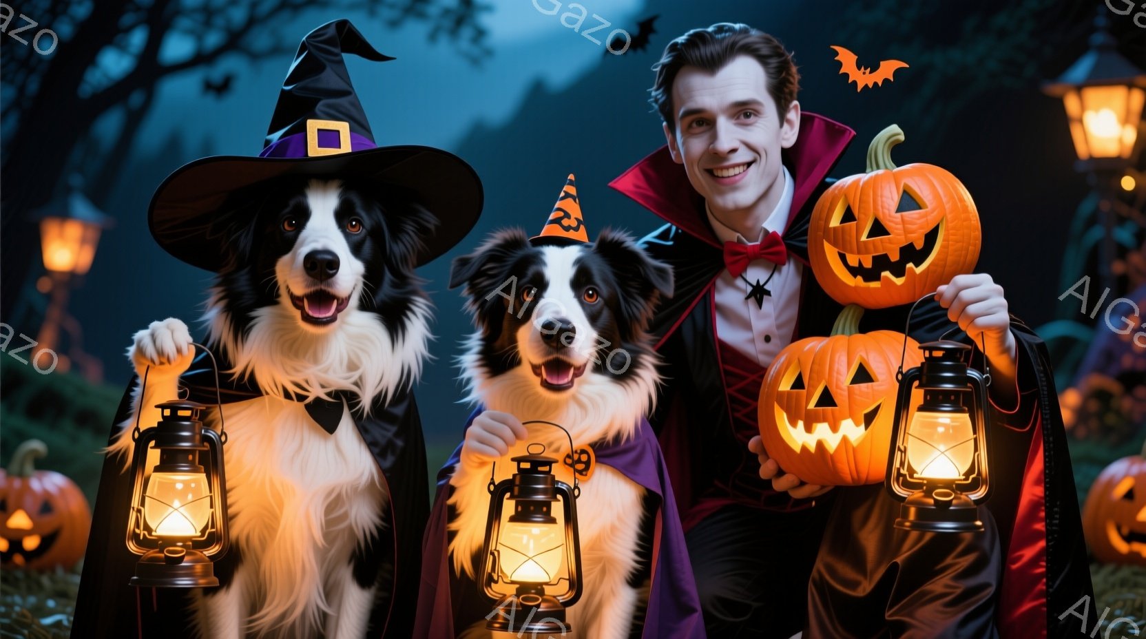 ハロウィーンをテーマにした写真で、男性と二匹の犬が描かれています。男性は吸血鬼風の服装で、黒い髪と赤いマント、そして蝶ネクタイをしています。犬たちはそれぞれ魔女帽子を被り、提灯を持ち、楽しそうにポーズ - AI生成フリー素材