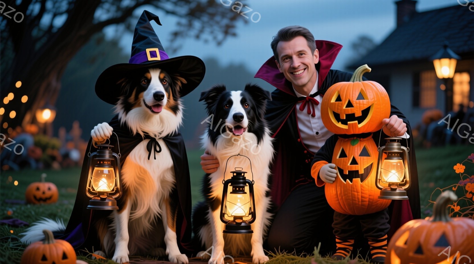 ハロウィーンをテーマにした写真で、黒い衣装を着た男性と、ハロウィーンの衣装を着た2匹の犬が写っています。男性はドラキュラ風の衣装で、犬たちはそれぞれ魔女帽子とケープを着用し、手には点灯したランタンを持 - AI生成フリー素材