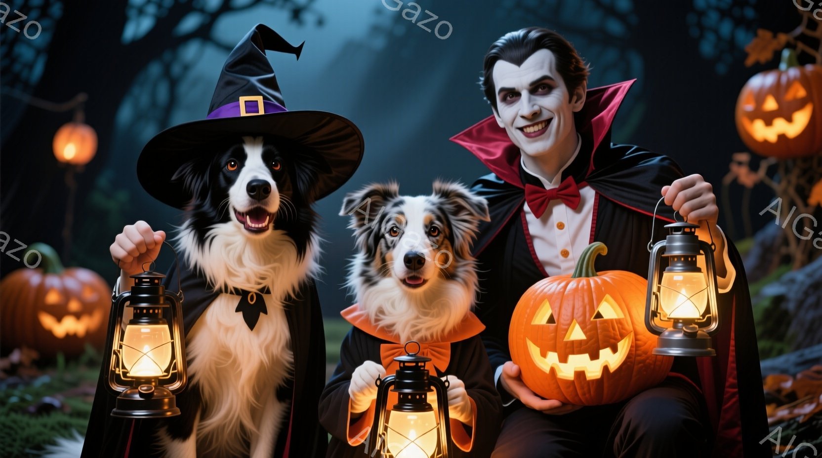 ハロウィーンをテーマにした画像で、黒いマントと赤い蝶ネクタイを着た男性が、彫刻されたカボチャのランタンを抱えています。2匹のシェットランドシープドッグは、それぞれ魔女帽子とオレンジ色のカラーを身につけ - AI生成フリー素材