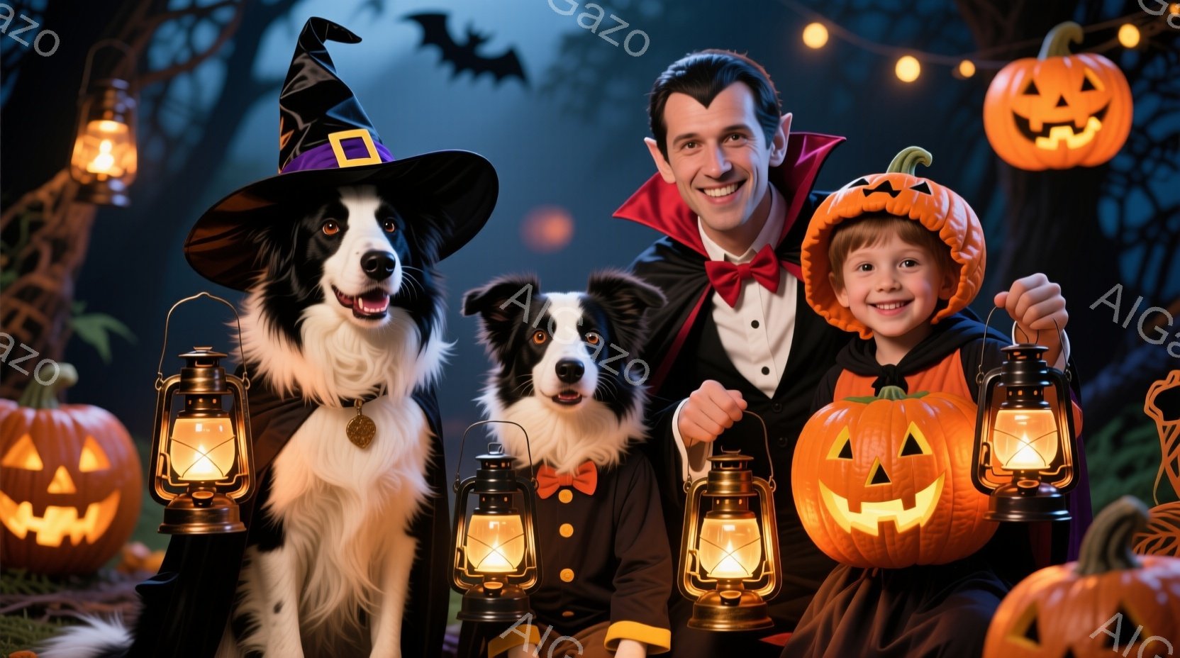 ハロウィーンをテーマにした写真で、黒い衣装を着た男性、魔女の帽子をかぶった白い犬、かぼちゃの帽子をかぶった少女、そして蝶ネクタイをした別の白い犬が写っています。彼らは皆笑顔で、それぞれ手には点灯したラ - AI生成フリー素材